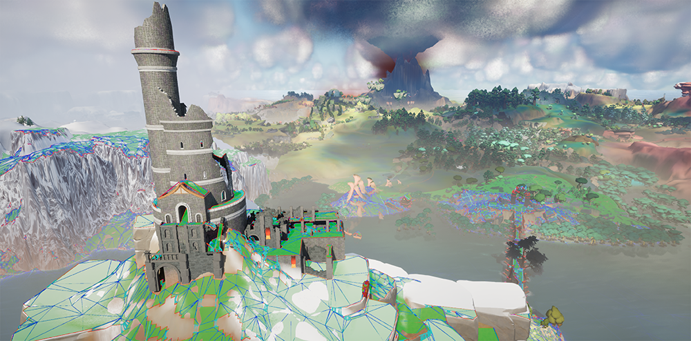 A large demo world is shown with nav meshes drawn over the landscape